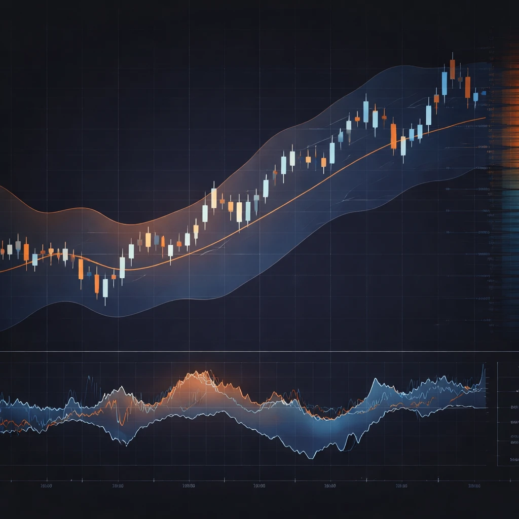 Candlestick prices oscillating around a smooth average with a volatility band, alongside a spread that widens and then narrows.
