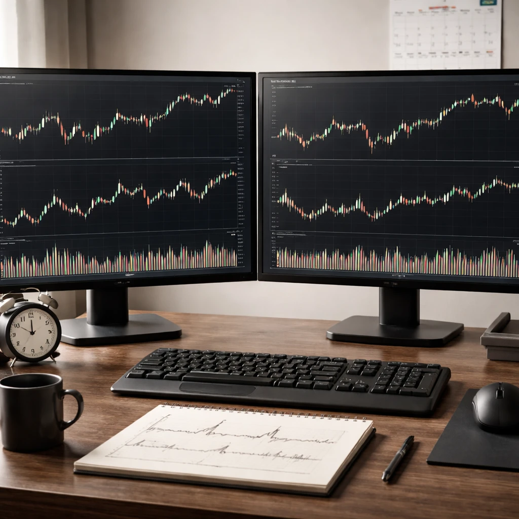 Side-by-side market charts on different timeframes, contrasting smooth long-term movement with noisy short-term fluctuations.