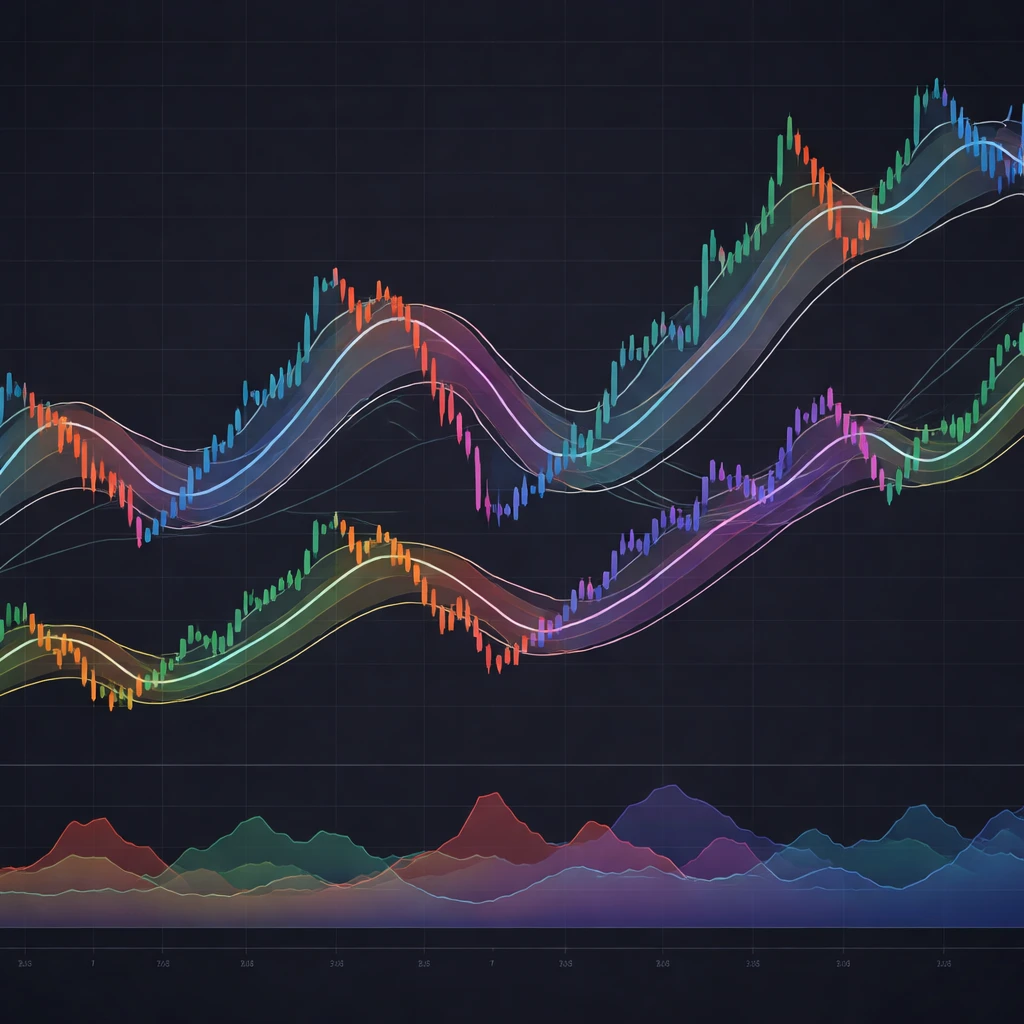 Stylized price chart with persistent uptrends and downtrends, moving average bands, and a volatility panel beneath.