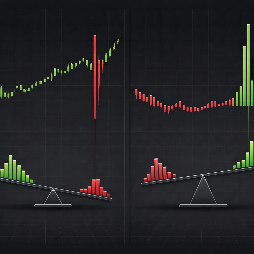 Two contrasting distributions of trade outcomes, one with many small gains and rare large losses, the other with many small losses and rare large gains.