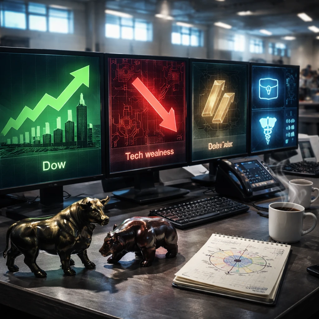 Midday split tape: Dow climbs as banks and health care carry the load, while tech stumbles under AI-capex angst